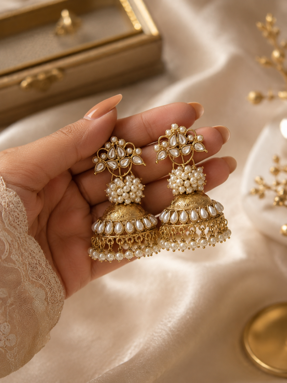Traditional Gold Kundan and Pearl Jhumka Earrings