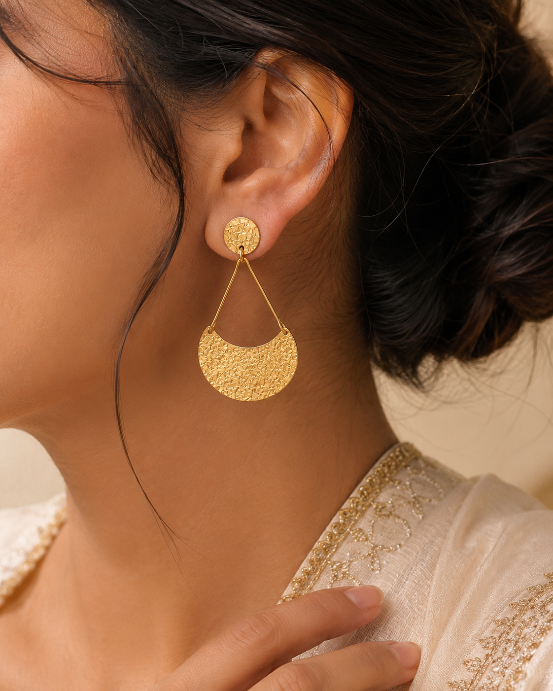 Geometric Hammered Gold Crescent Drop Earrings