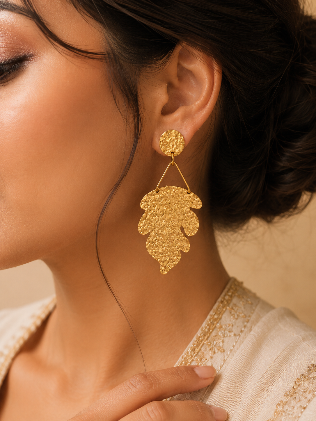 Textured Gold Leaf Statement Drop Earrings