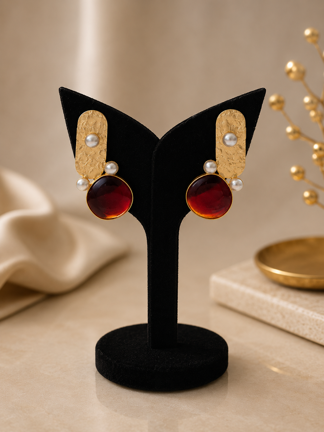 Modern Hammered Gold & Mauve Stone Statement Earrings