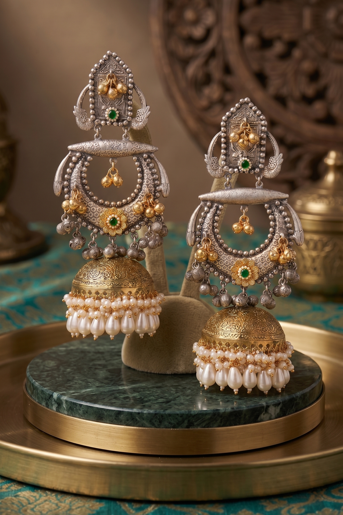 Ornate Dual-Tone Statement Jhumka Earrings with Pearl Fringe