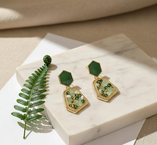Geometric Gold & Green Crushed Stone Drop Earrings