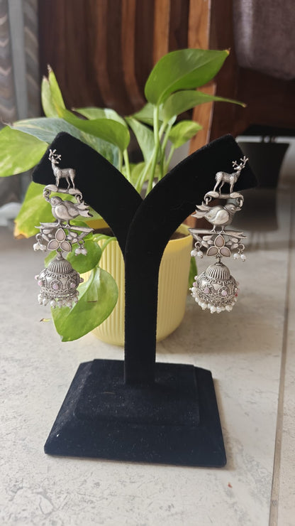 Oxidized Silver Bird & Deer Motif Statement Jhumka Earrings