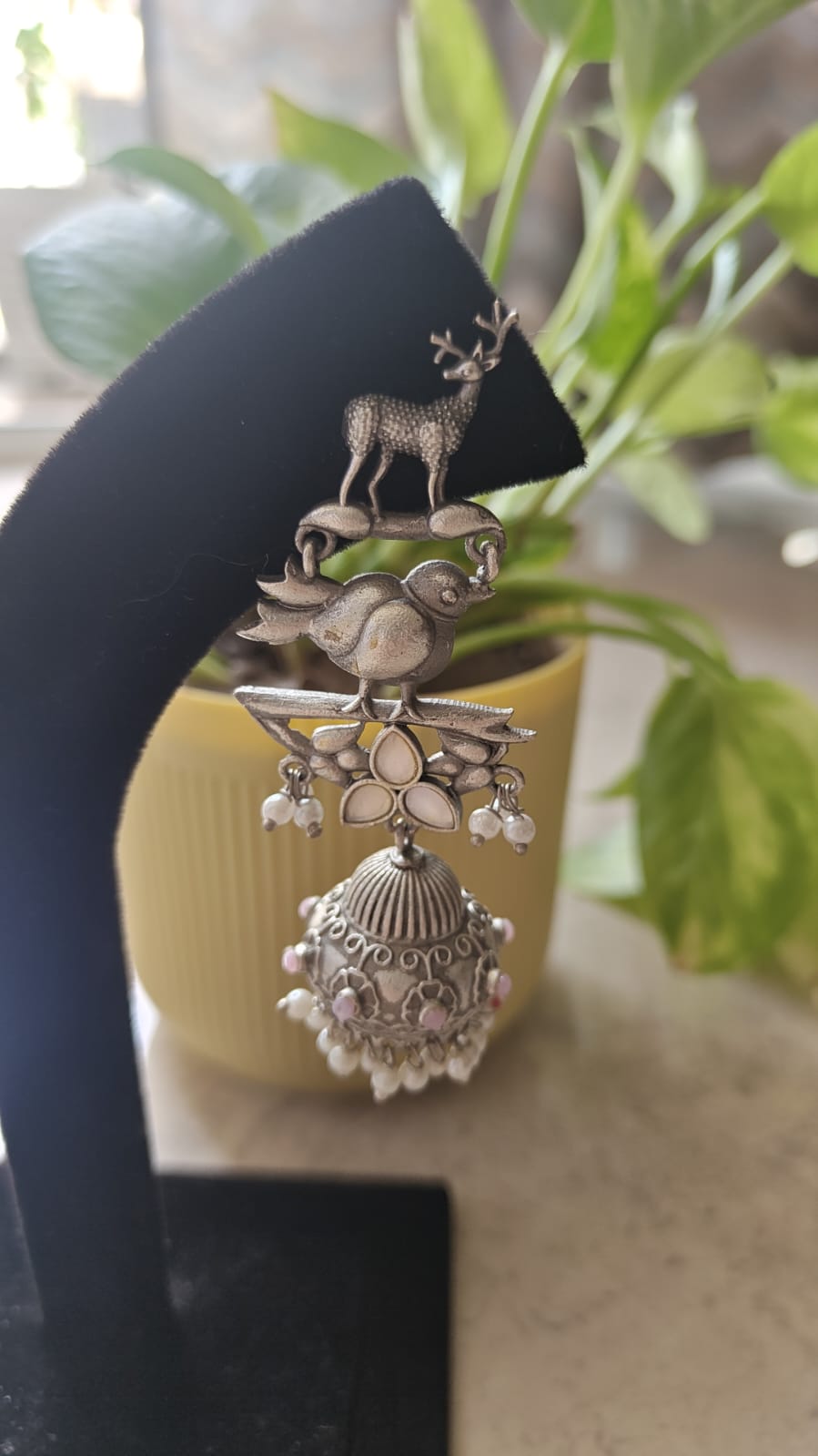 Oxidized Silver Bird & Deer Motif Statement Jhumka Earrings