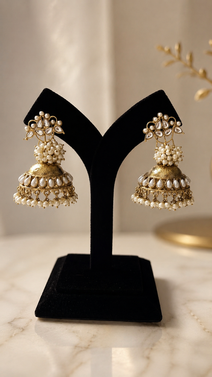 Traditional Gold Kundan and Pearl Jhumka Earrings