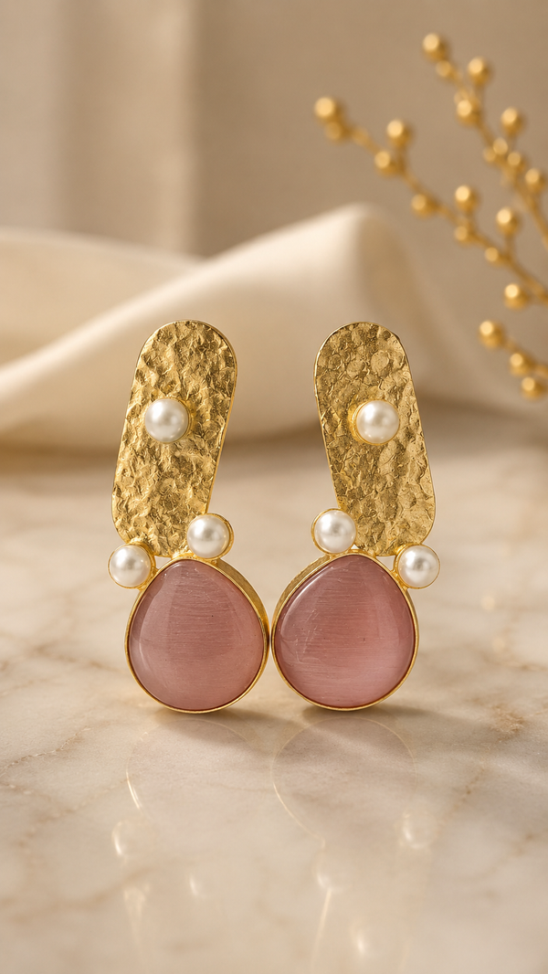 Modern Hammered Gold & Mauve Stone Statement Earrings