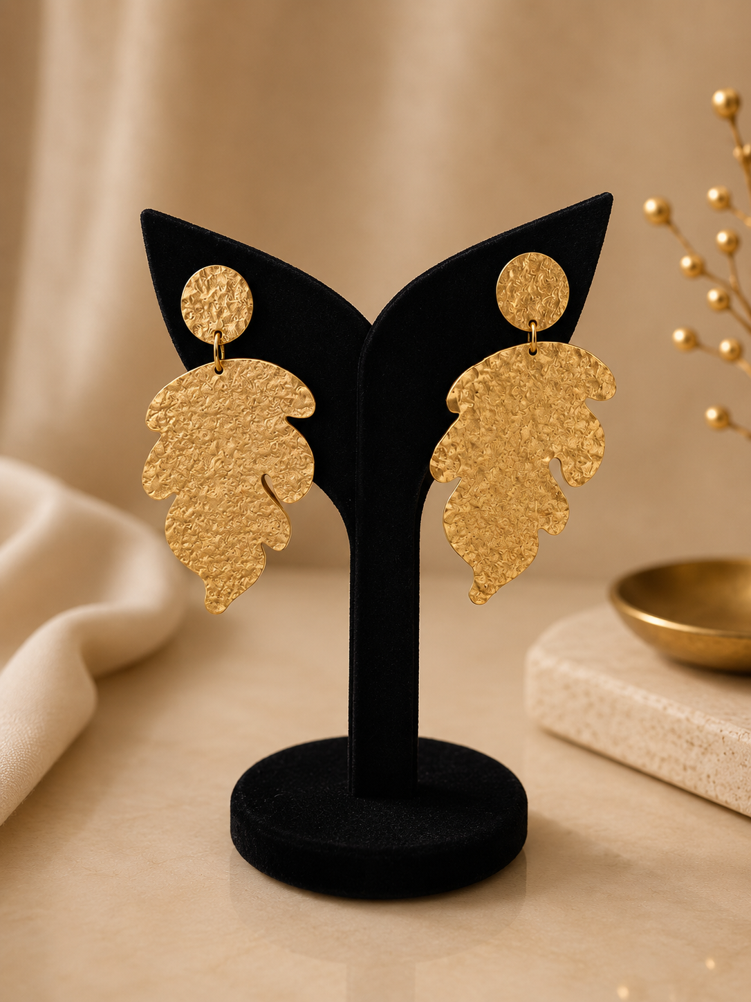 Textured Gold Leaf Statement Drop Earrings