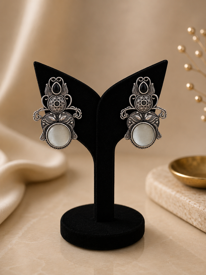 Oxidized Silver Peacock Motif Statement Earrings with Cabochon Stone