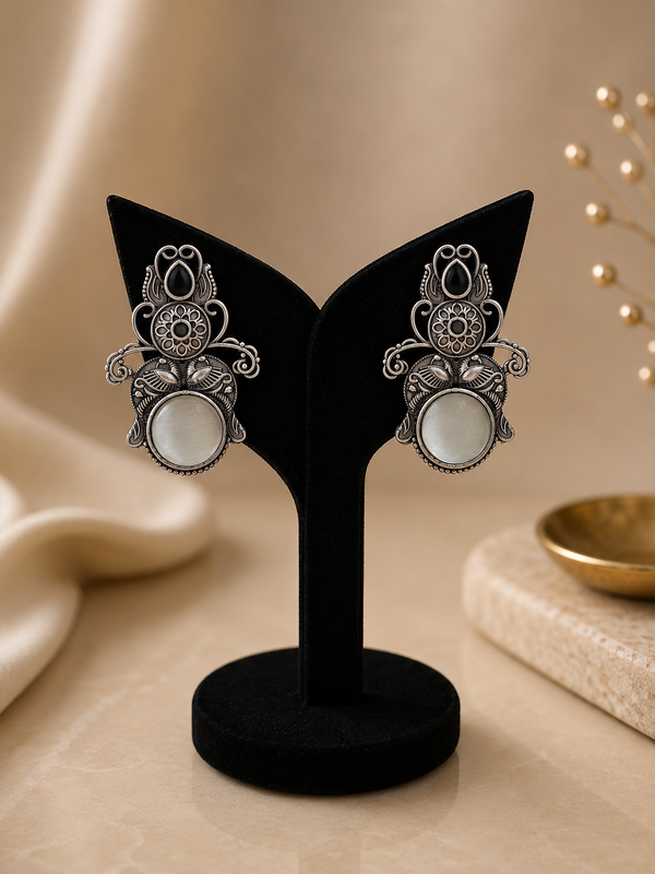 Oxidized Silver Peacock Motif Statement Earrings with Cabochon Stone