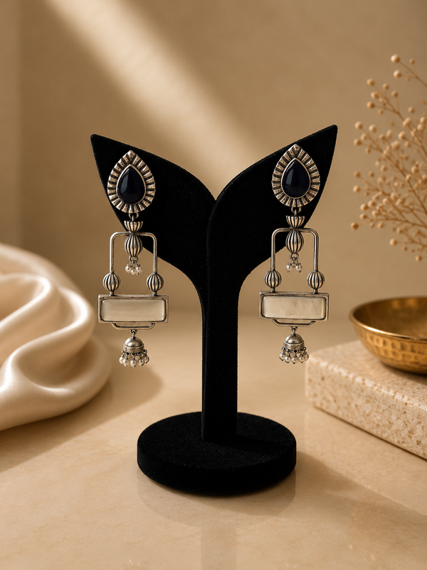 Contemporary Oxidized Silver Geometric Drop Earrings with Mini Jhumki