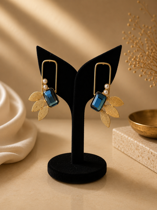 Modern Gold Geometric Drop Earrings with Blue Stone & Leaves