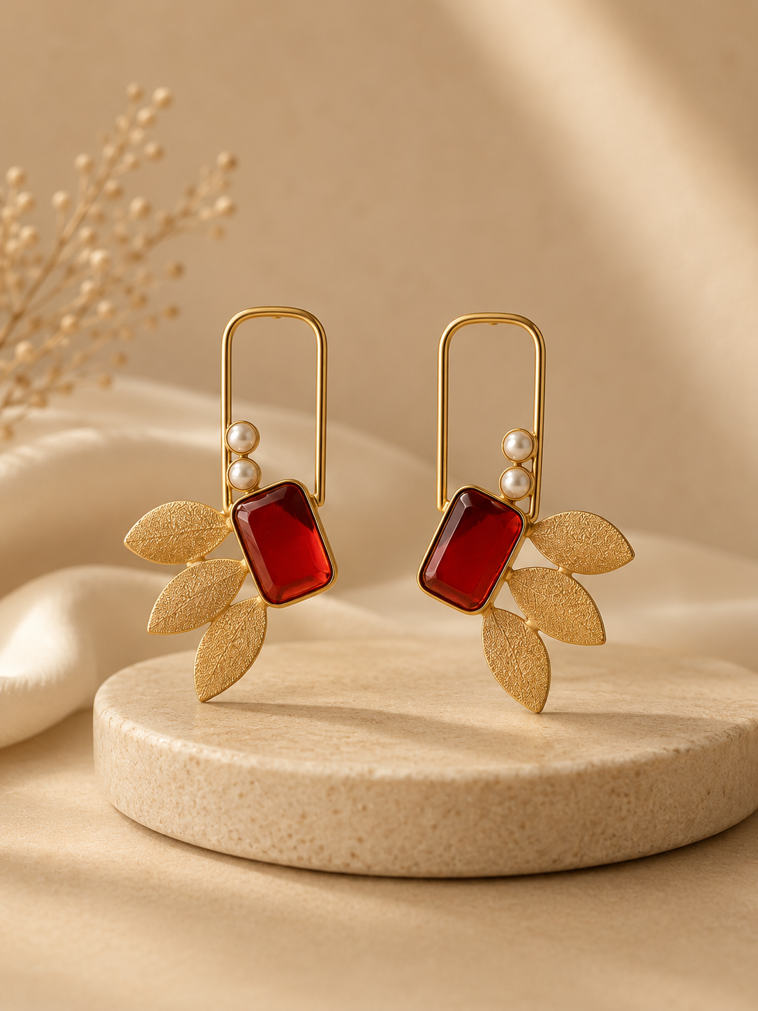 Modern Gold Geometric Drop Earrings with Blue Stone & Leaves