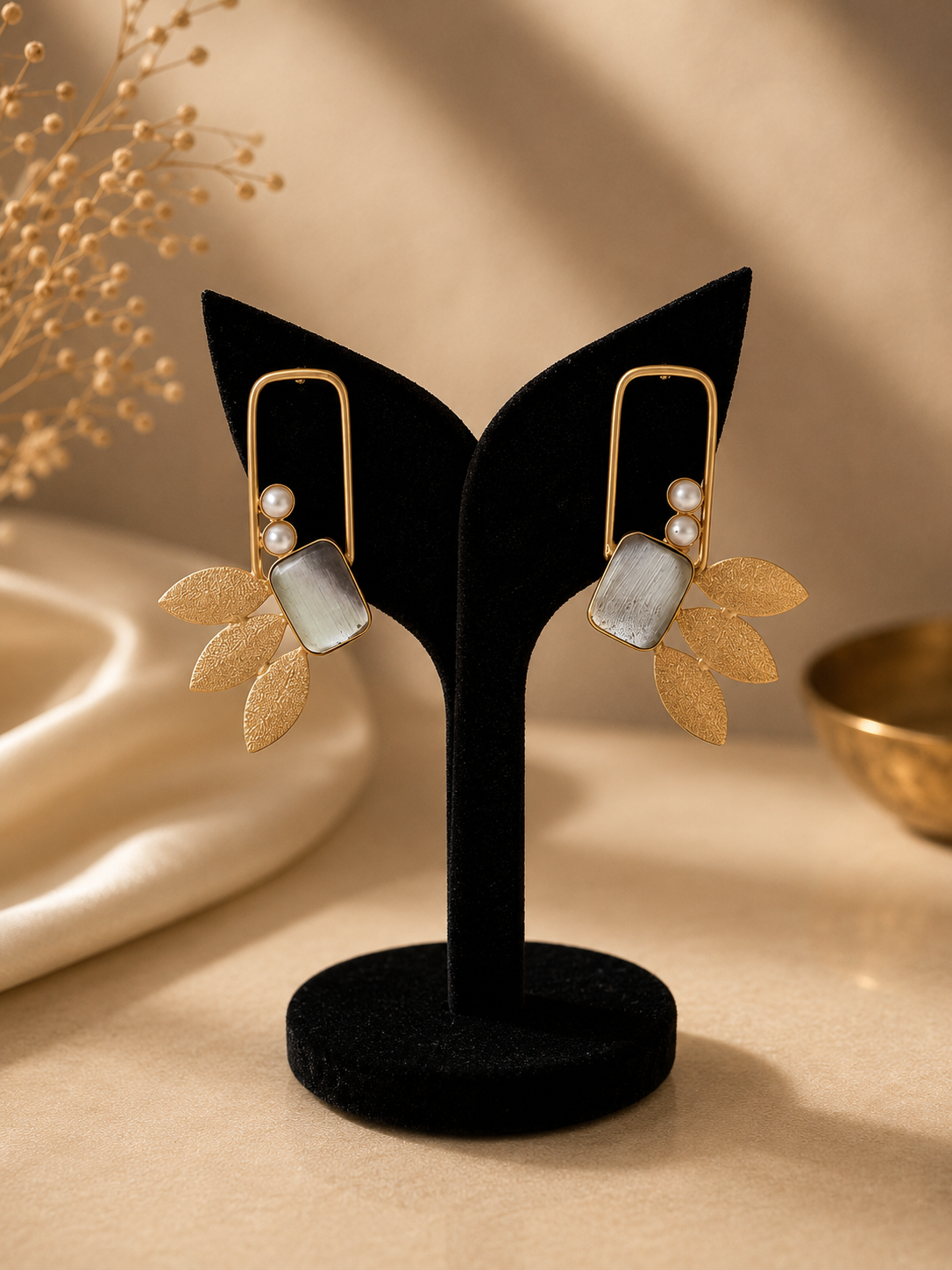 Modern Gold Geometric Drop Earrings with Blue Stone & Leaves