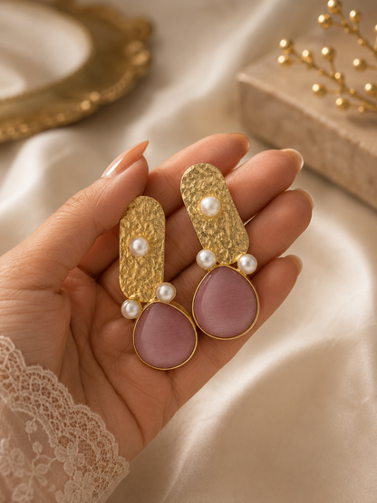 Modern Hammered Gold & Mauve Stone Statement Earrings