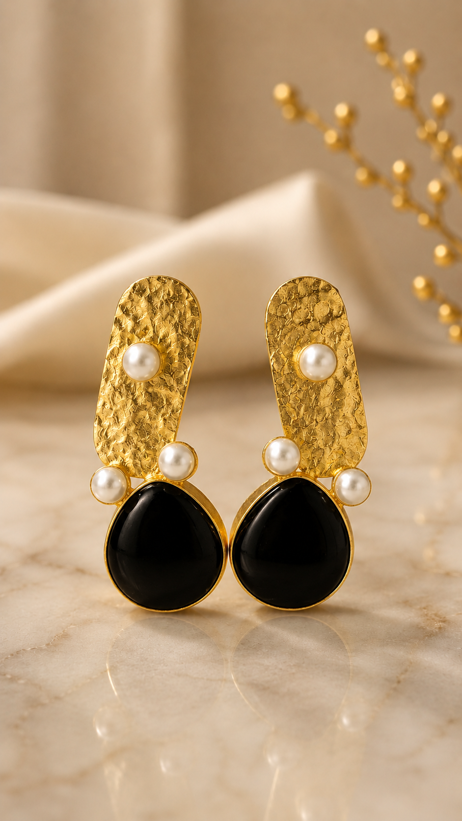 Modern Hammered Gold & Mauve Stone Statement Earrings