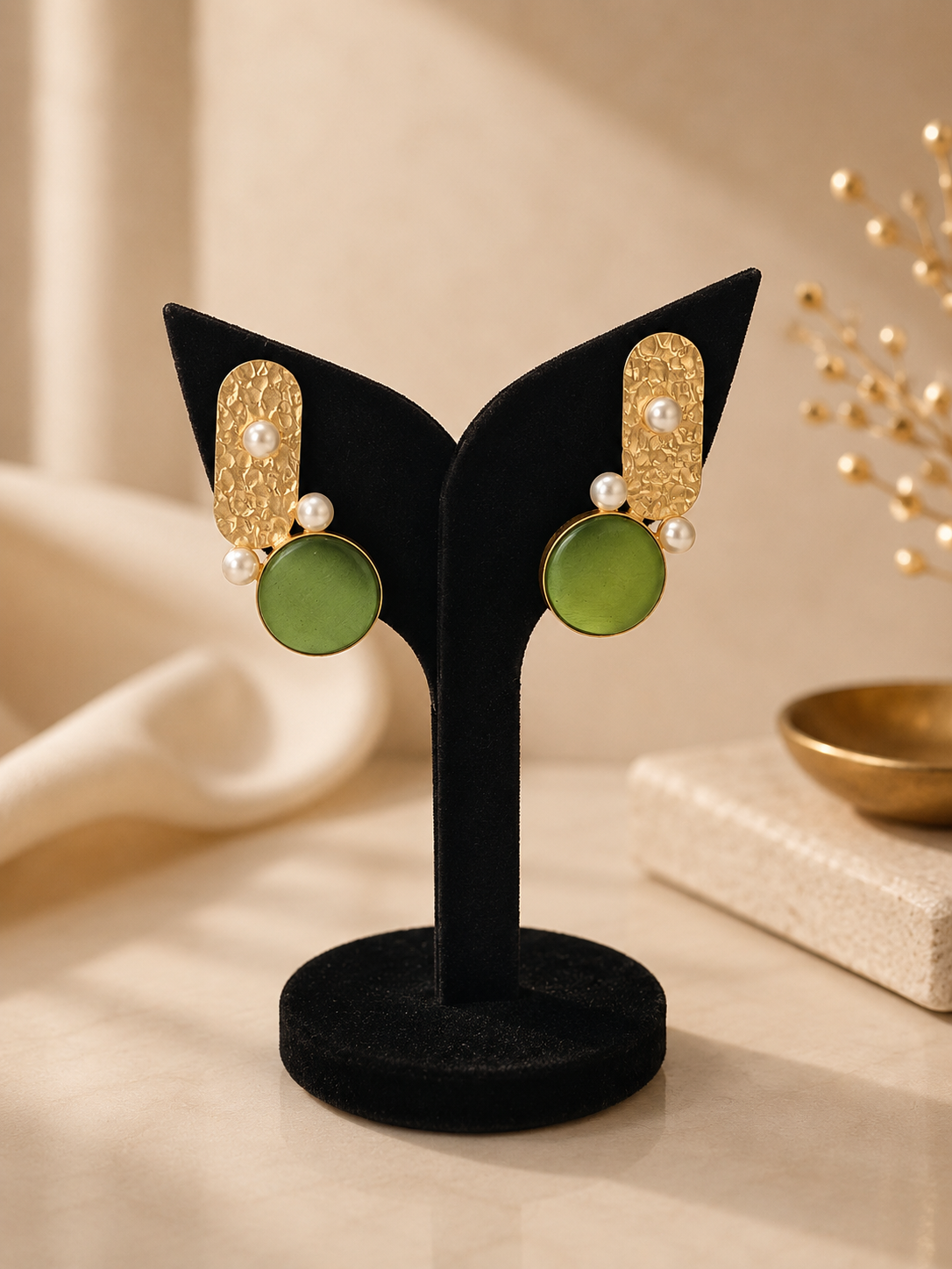 Modern Hammered Gold & Mauve Stone Statement Earrings