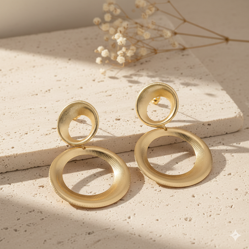 Textured Gold Double Circle Drop Earrings