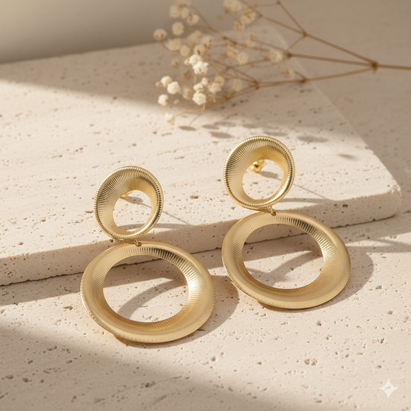 Textured Gold Double Circle Drop Earrings