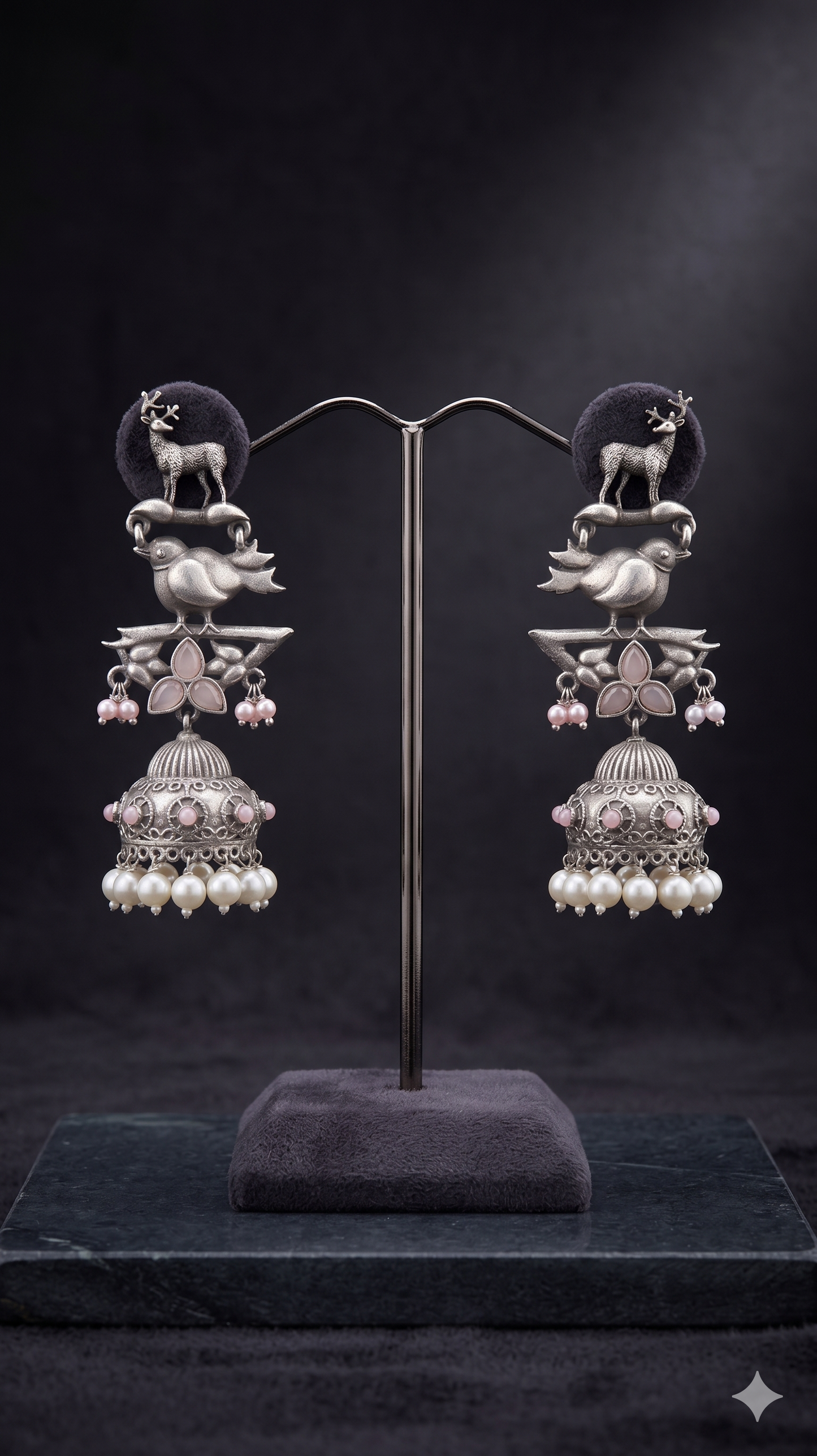 Oxidized Silver Bird & Deer Motif Statement Jhumka Earrings