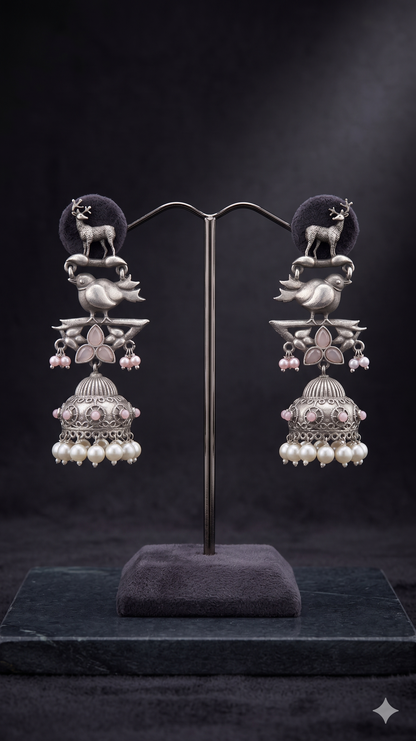 Oxidized Silver Bird & Deer Motif Statement Jhumka Earrings