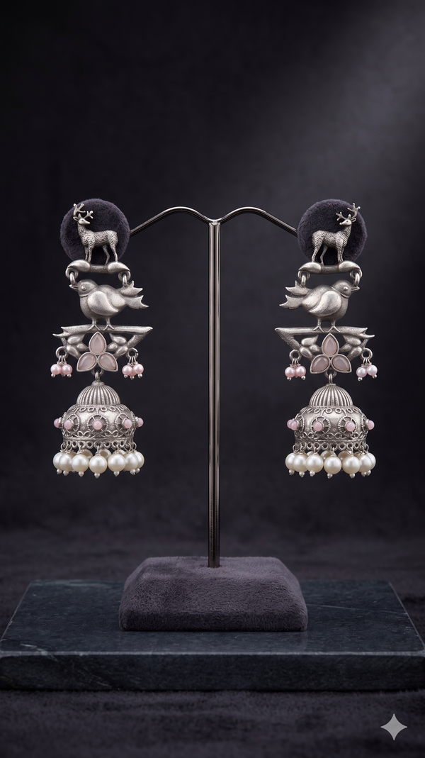 Oxidized Silver Bird & Deer Motif Statement Jhumka Earrings