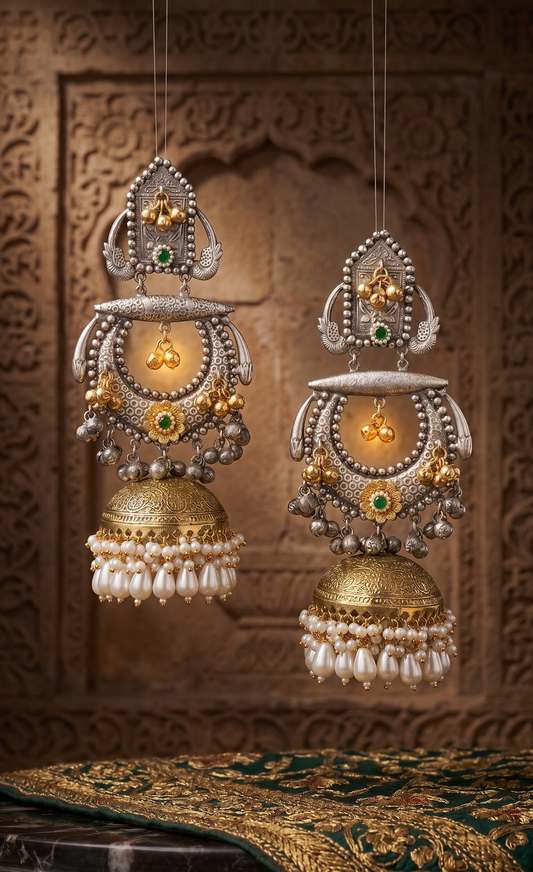 Ornate Dual-Tone Statement Jhumka Earrings with Pearl Fringe