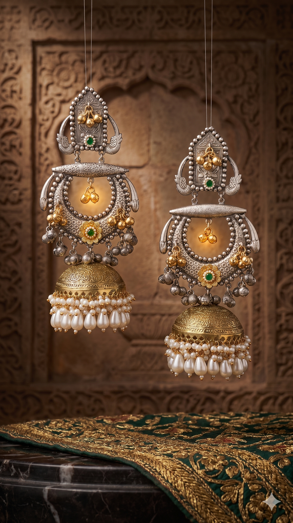 Ornate Dual-Tone Statement Jhumka Earrings with Pearl Fringe