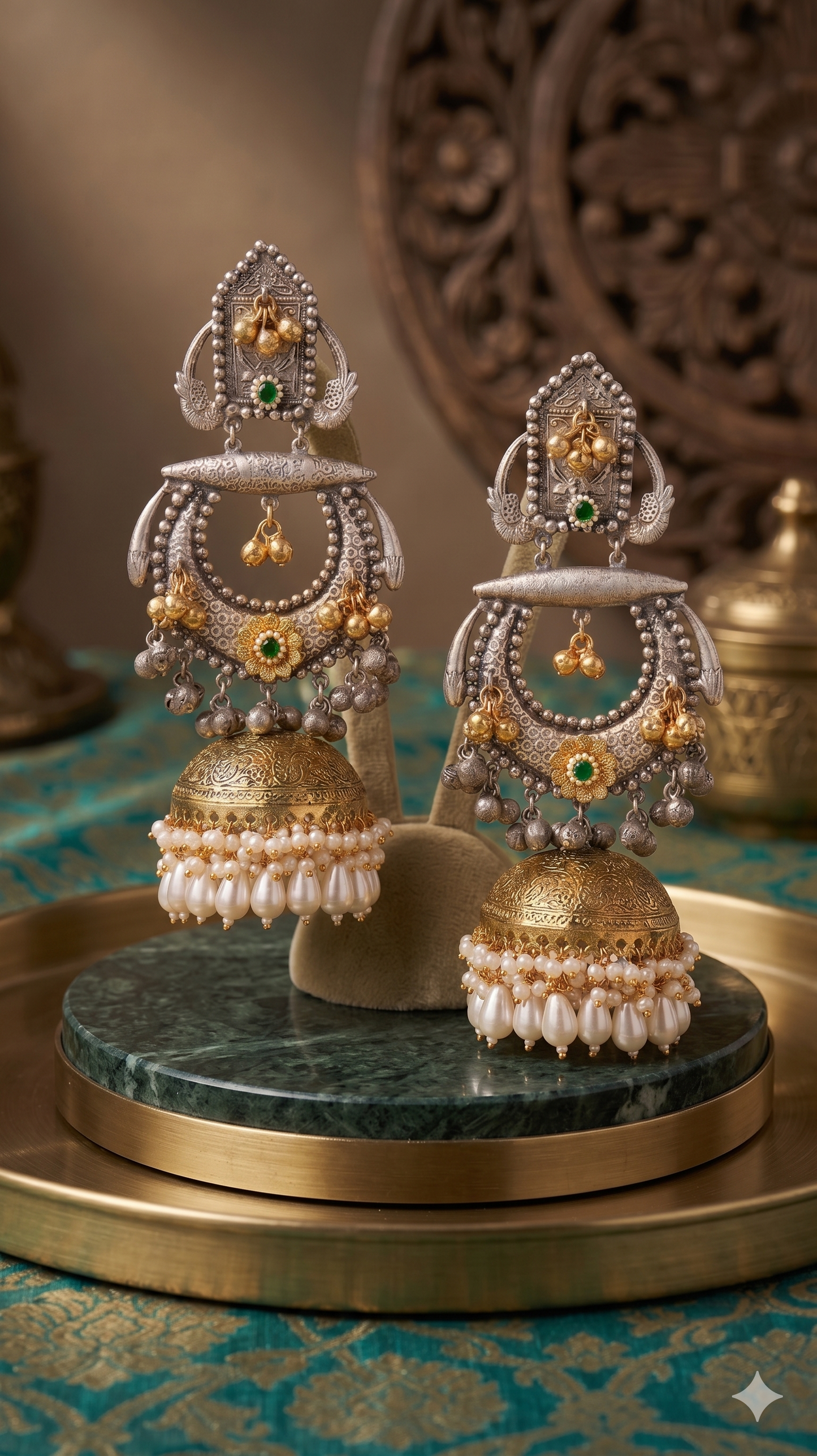 Ornate Dual-Tone Statement Jhumka Earrings with Pearl Fringe