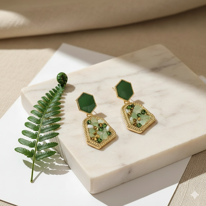 Geometric Gold & Green Crushed Stone Drop Earrings