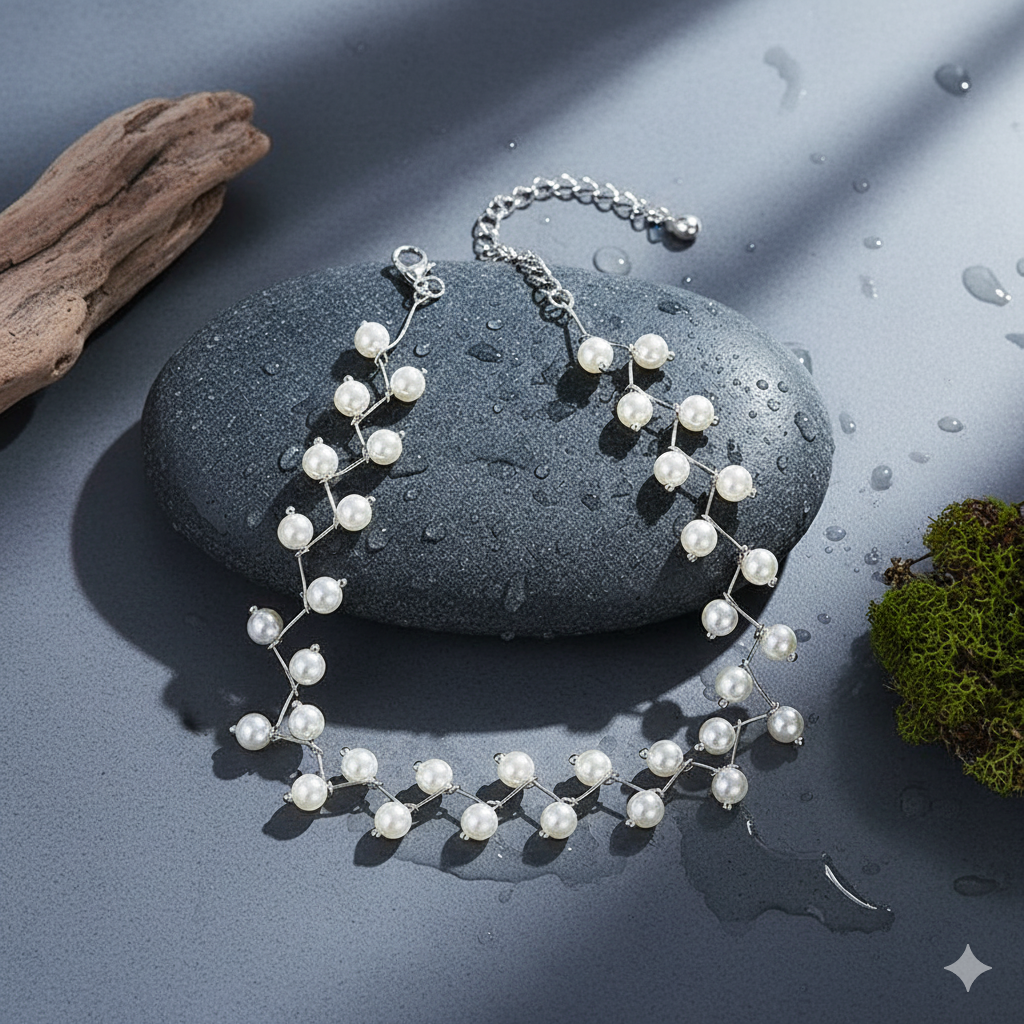 Silver Geometric Pearl Choker Necklace