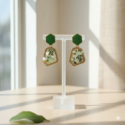Geometric Gold & Green Crushed Stone Drop Earrings