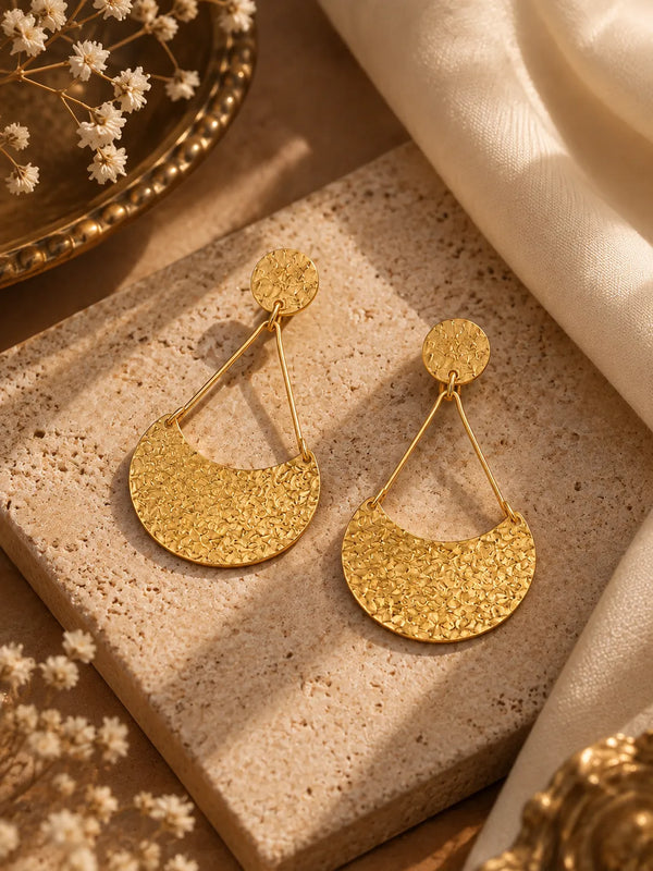 Geometric Hammered Gold Crescent Drop Earrings