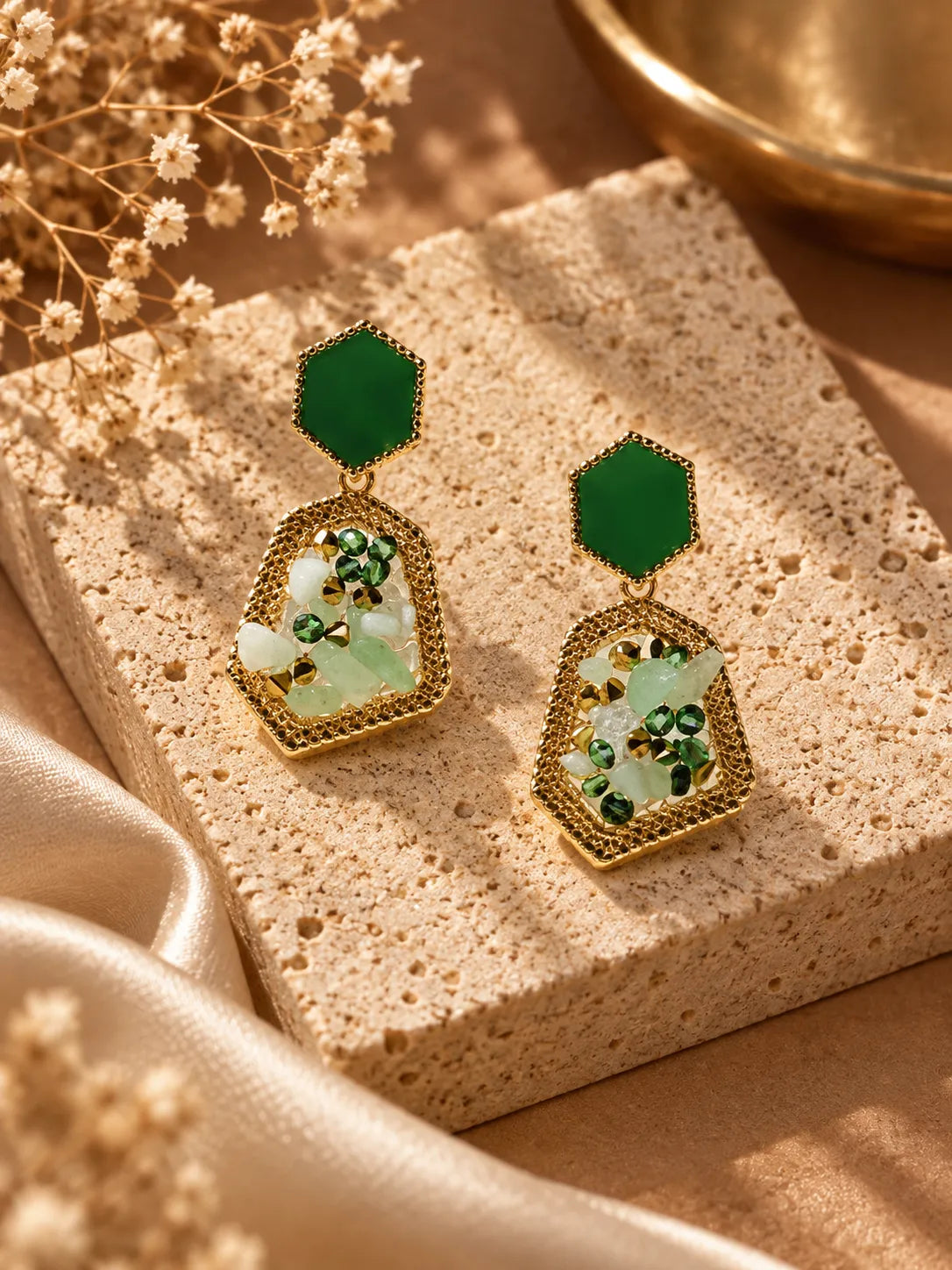 Geometric Gold & Green Crushed Stone Drop Earrings