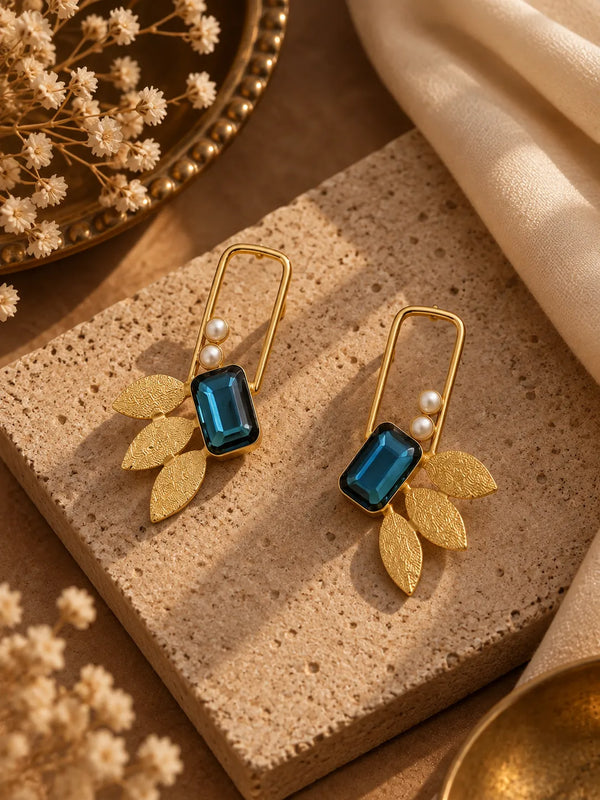 Modern Gold Geometric Drop Earrings with Blue Stone & Leaves