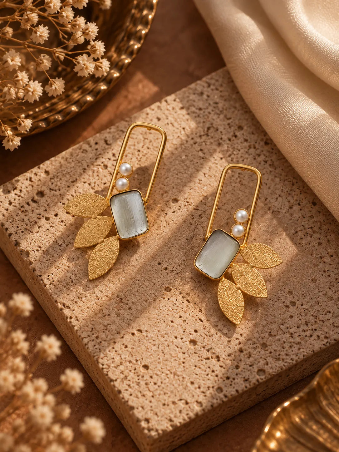 Modern Gold Geometric Drop Earrings with Blue Stone & Leaves