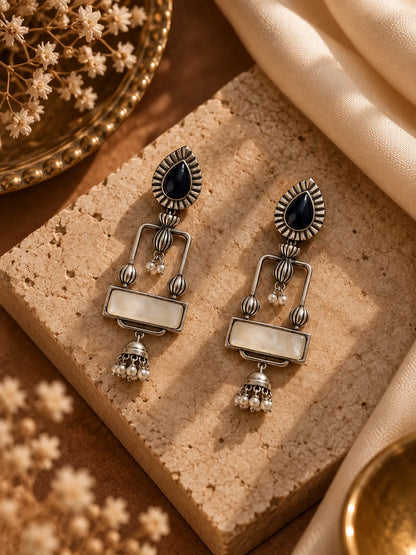 Contemporary Oxidized Silver Geometric Drop Earrings with Mini Jhumki