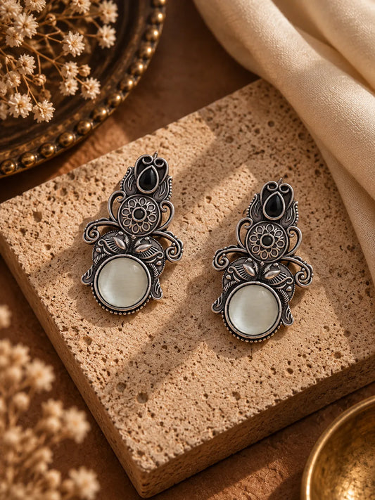 Oxidized Silver Peacock Motif Statement Earrings with Cabochon Stone