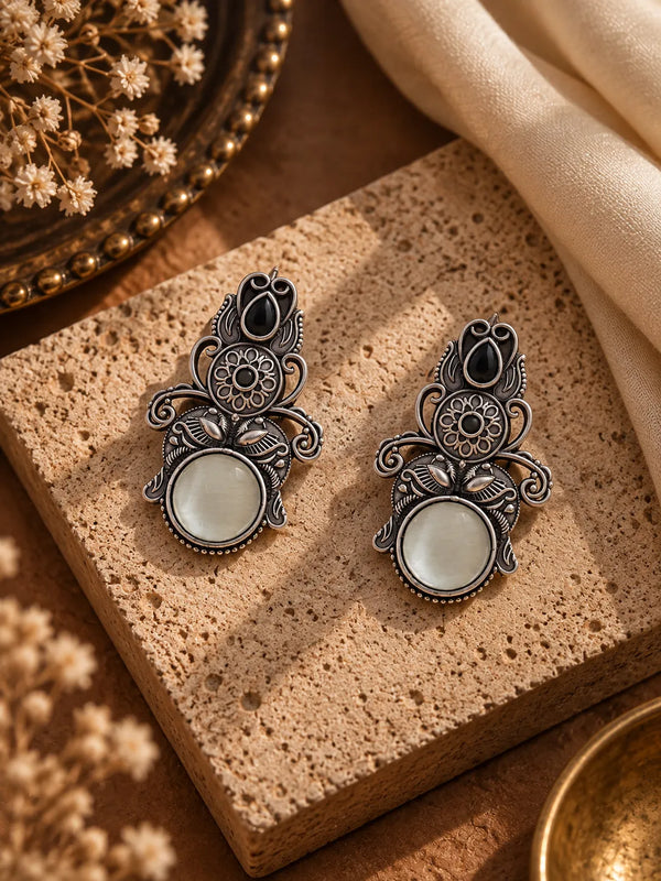 Oxidized Silver Peacock Motif Statement Earrings with Cabochon Stone