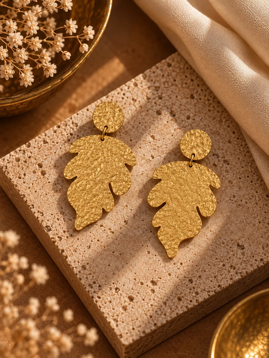Textured Gold Leaf Statement Drop Earrings