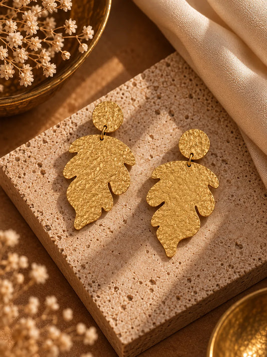 Textured Gold Leaf Statement Drop Earrings