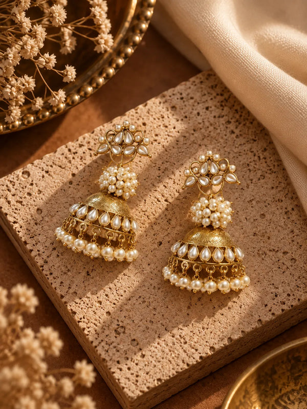 Traditional Gold Kundan and Pearl Jhumka Earrings