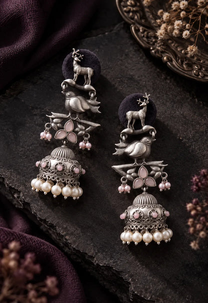 Oxidized Silver Bird & Deer Motif Statement Jhumka Earrings