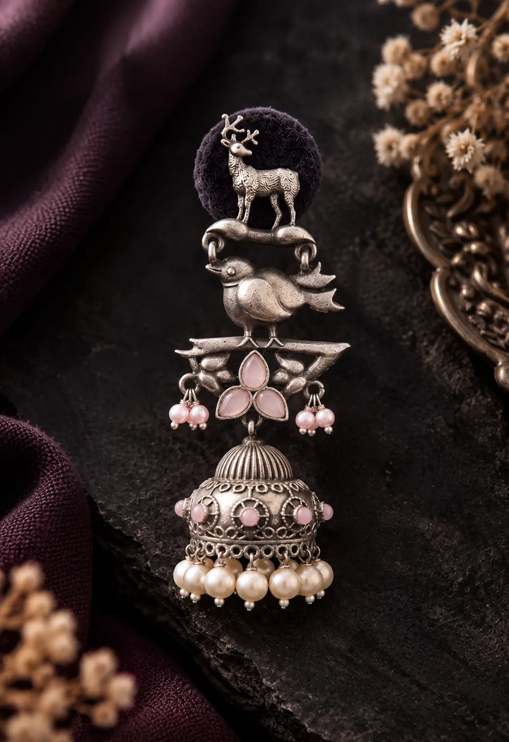 Oxidized Silver Bird & Deer Motif Statement Jhumka Earrings
