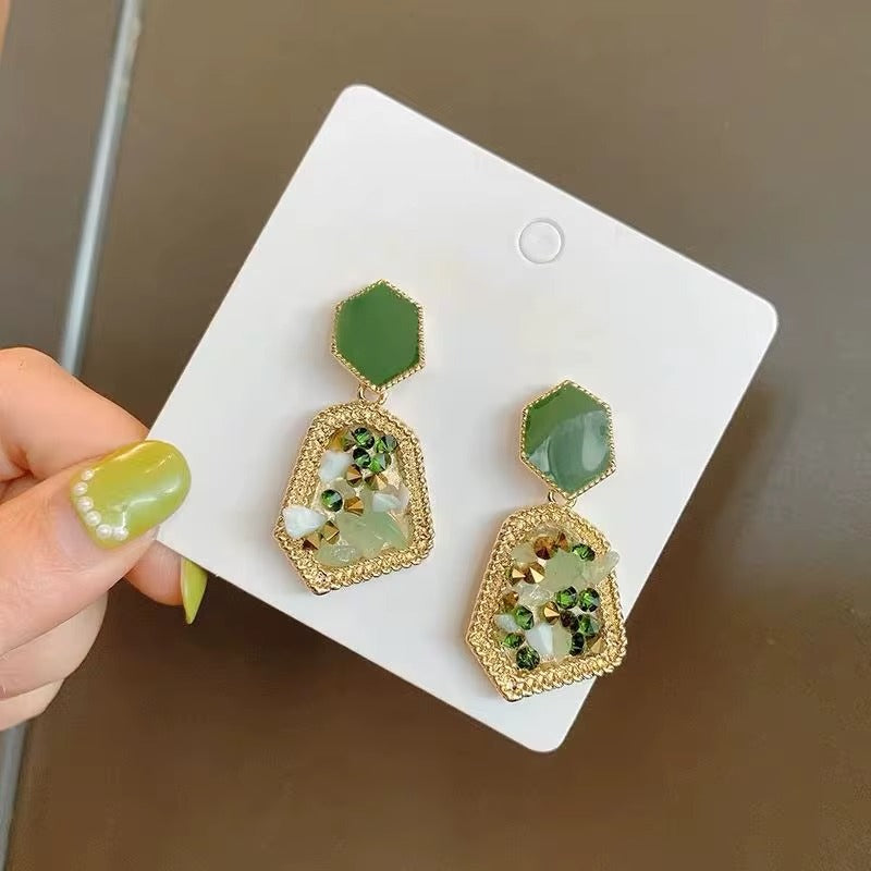 Geometric Gold & Green Crushed Stone Drop Earrings
