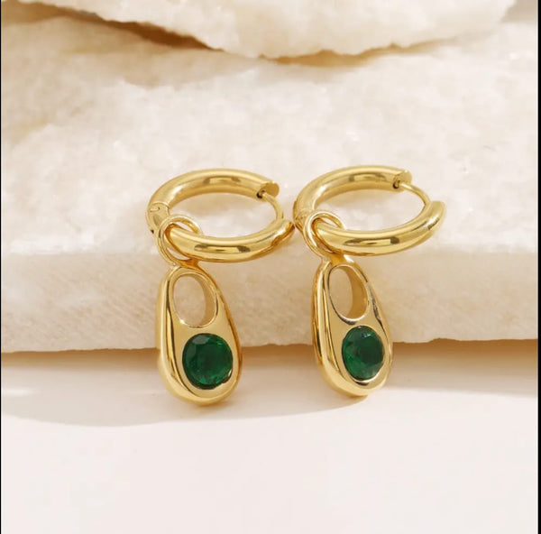 Emerald Green Drop Hoop Earrings