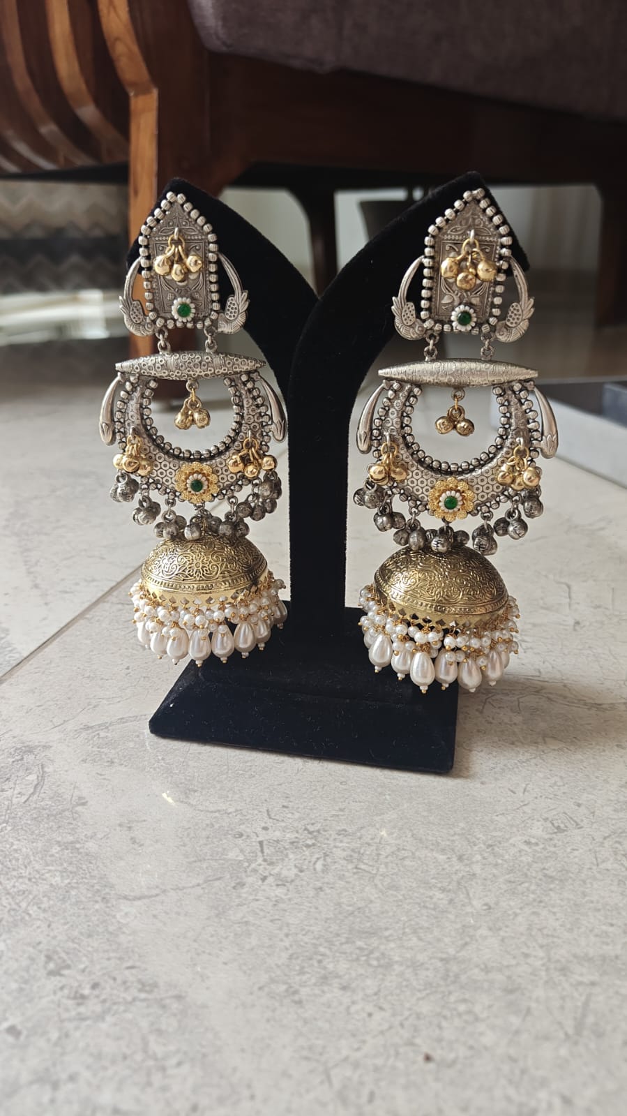 Ornate Dual-Tone Statement Jhumka Earrings with Pearl Fringe