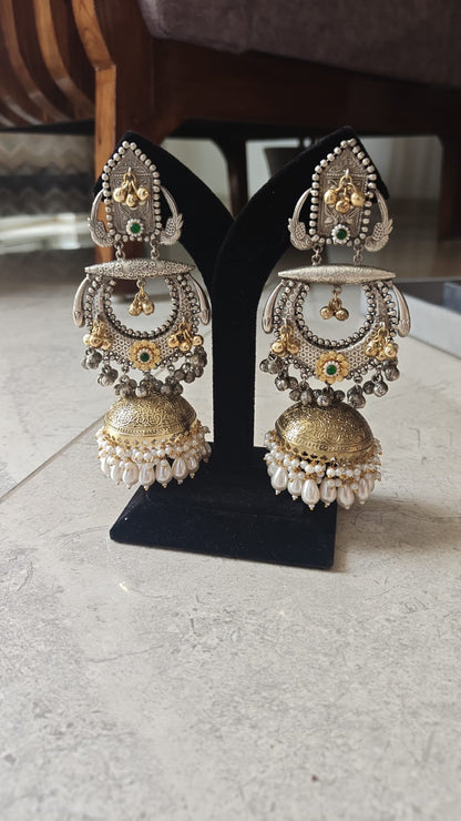 Ornate Dual-Tone Statement Jhumka Earrings with Pearl Fringe