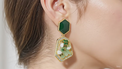 Geometric Gold & Green Crushed Stone Drop Earrings